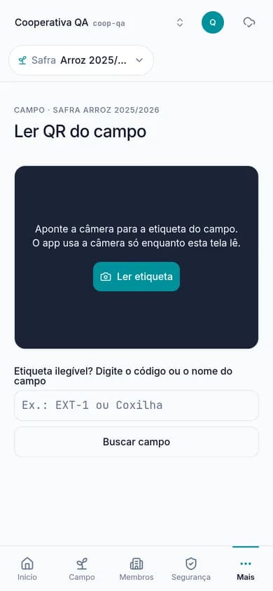 Tela do app para ler o QR da etiqueta do campo.