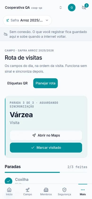 Tela do app sem conexão mostrando a rota de visitas do dia, parada 3 de 3.