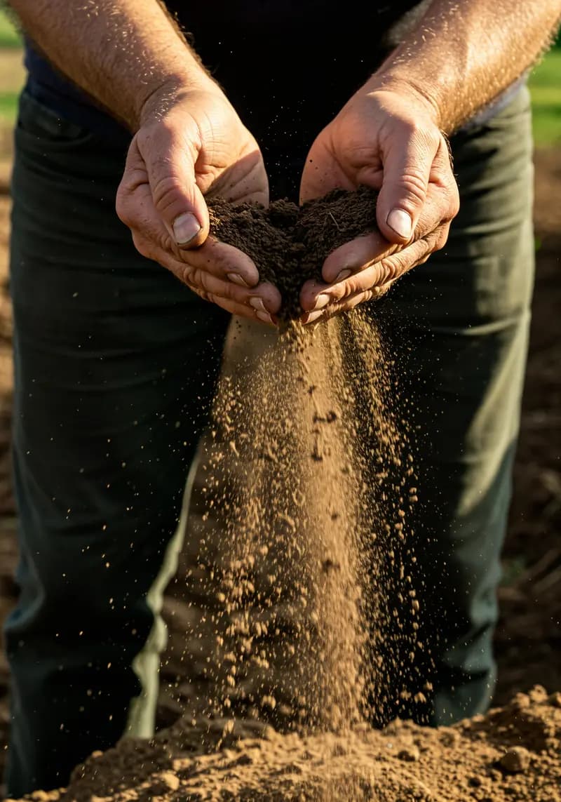 Mãos soltando terra seca sobre o chão.